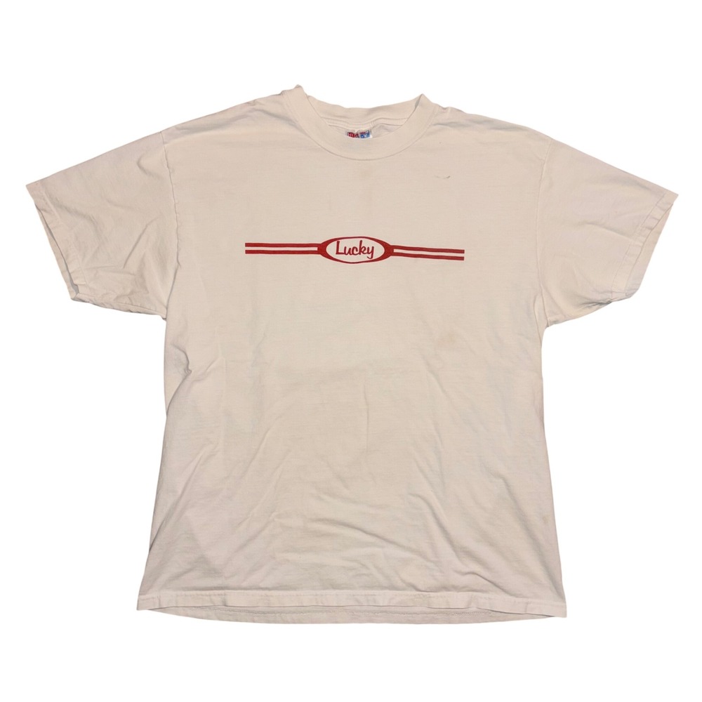 Vintage Hanes Beefy-T Lucky Graphic T-Shirt Mens XL White Red Short Sleeve Tee